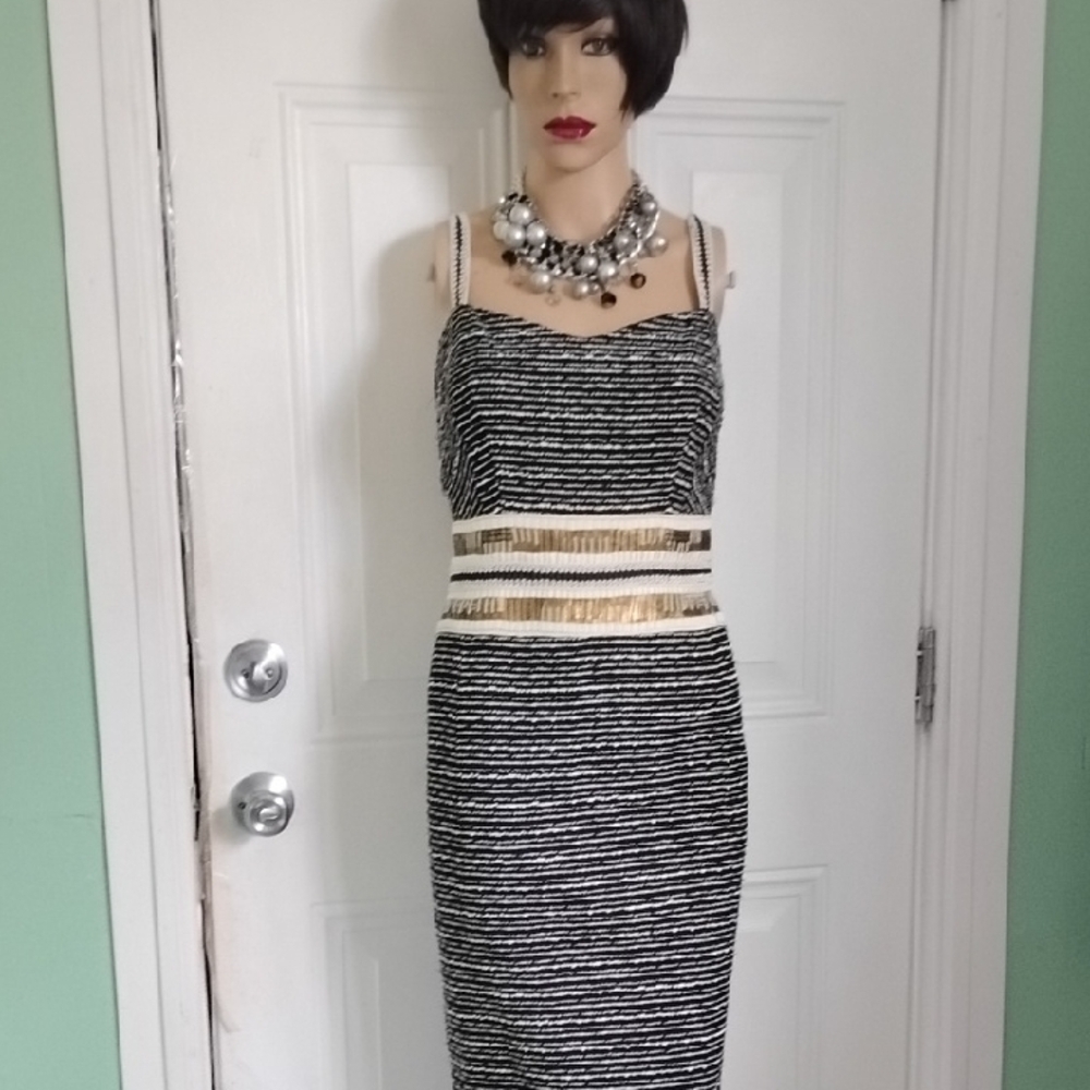 Escada 10 40 Black Gold Cream Tweed Boucle Striped Midi Dress